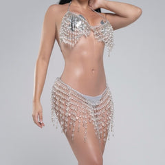 Halter crystal tassels beaded waist chain set