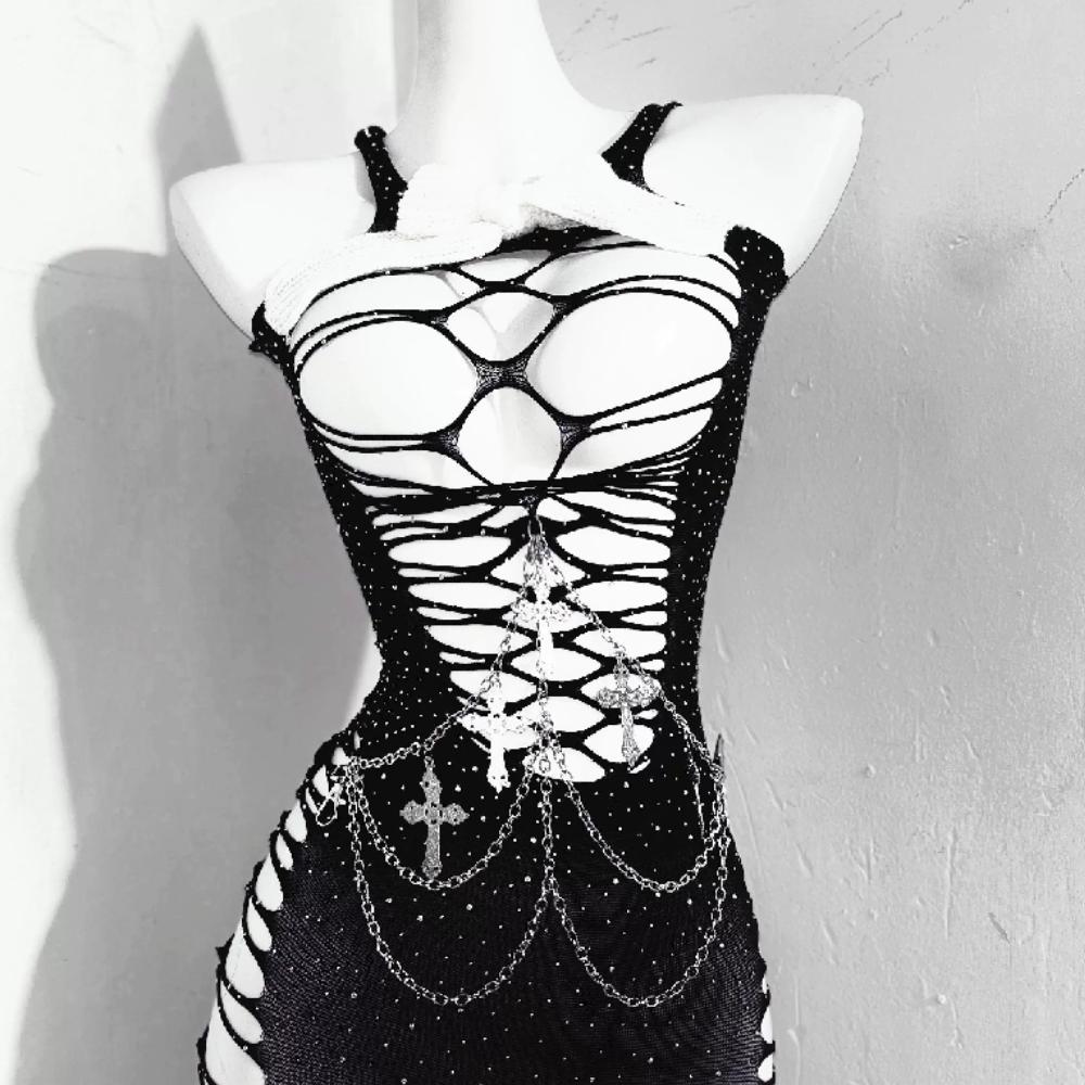 Hollow out beaded metal chain cami mini dress