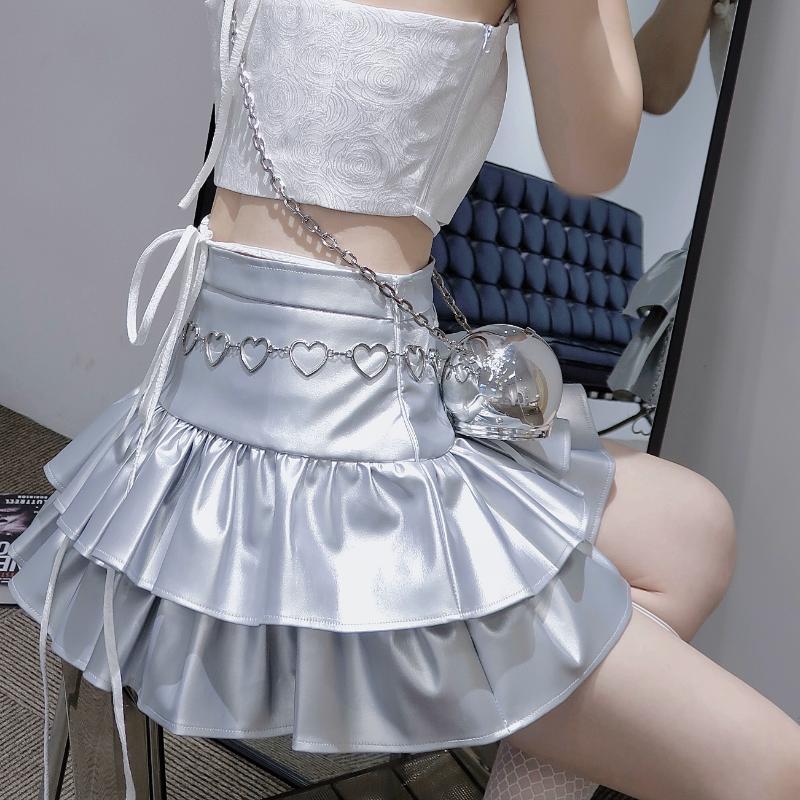 PU leather lace up ruffle mini skirt