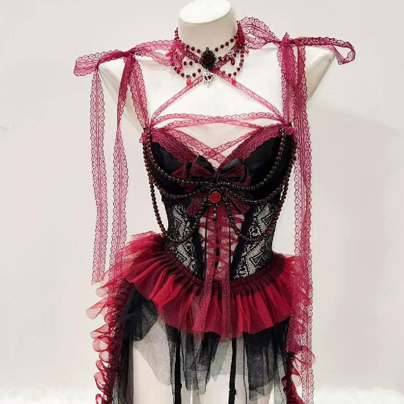 Sweetheart neck bowknot lace hem beaded mesh mini dress