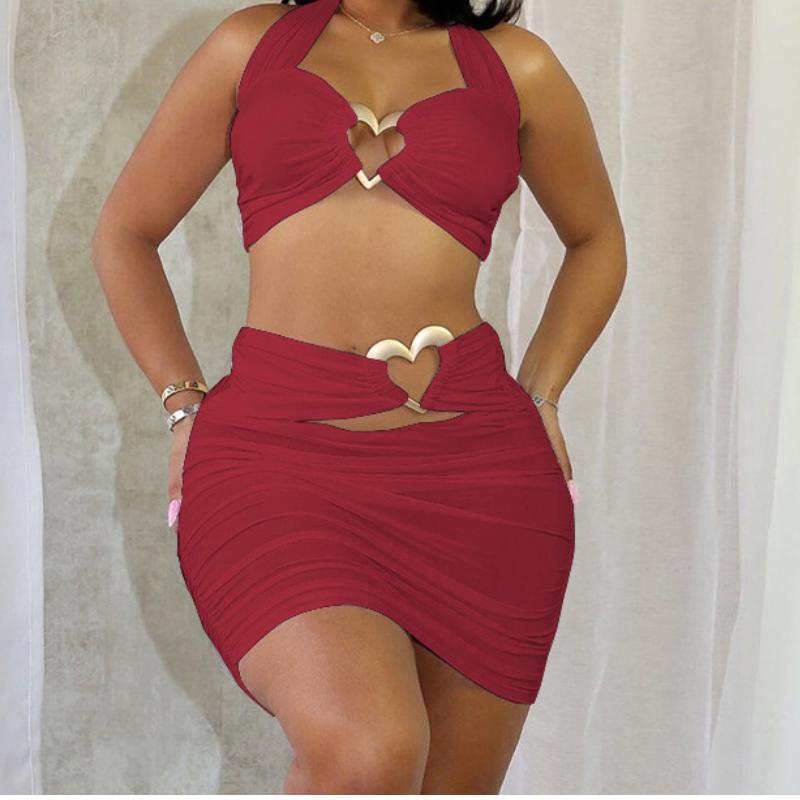 Halter hollow out sweetheart ring mini skirt set