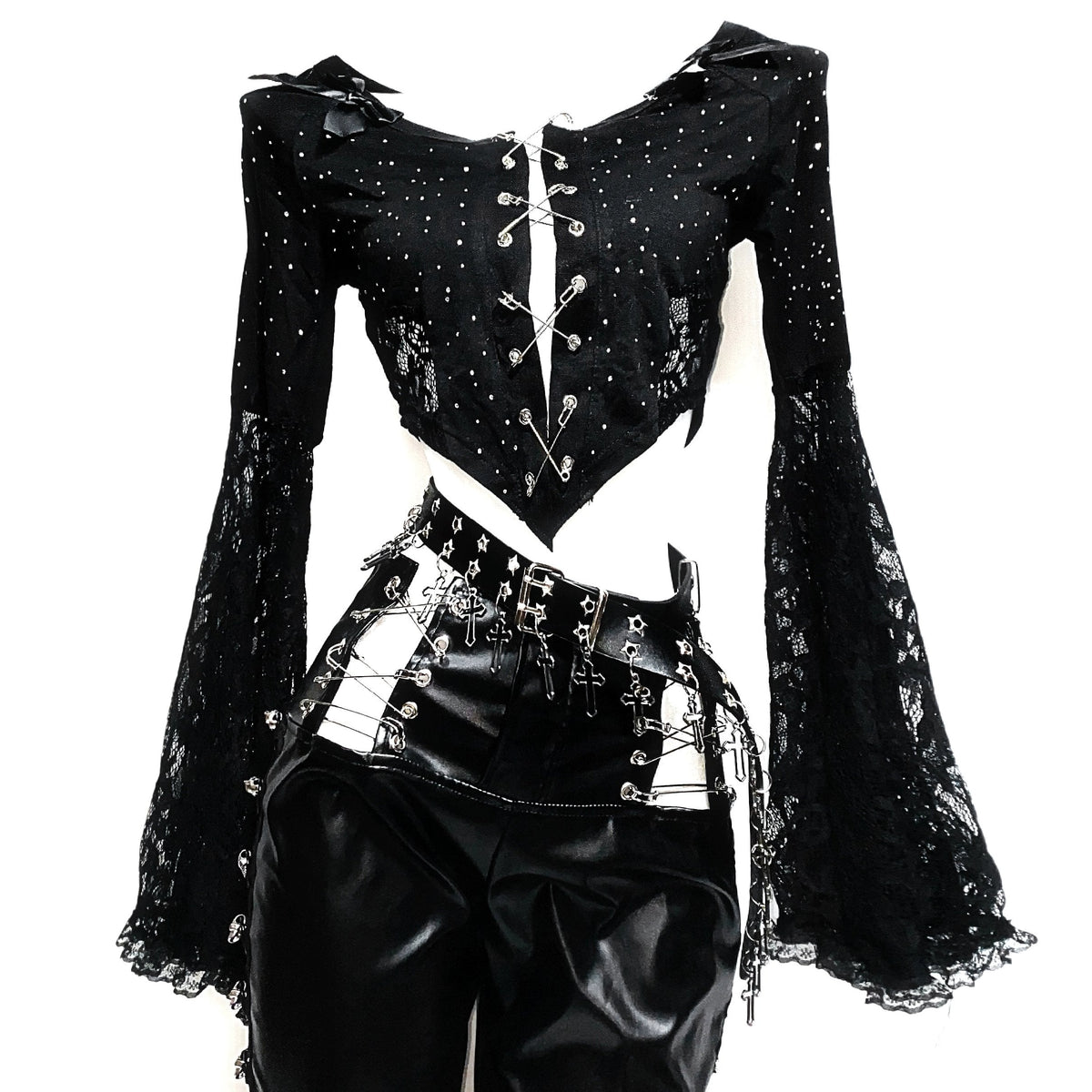 PU leather o ring skull applique pant