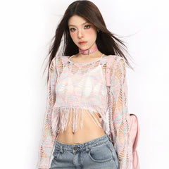 Long sleeve hollow out knitted crop top