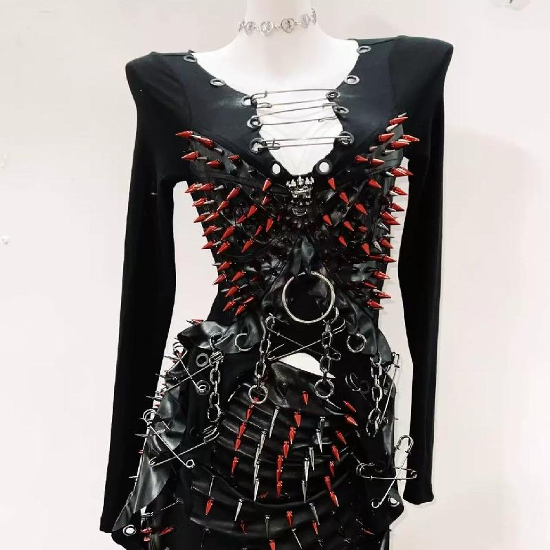 Long sleeve rivet metal chain PU leather mini skirt set