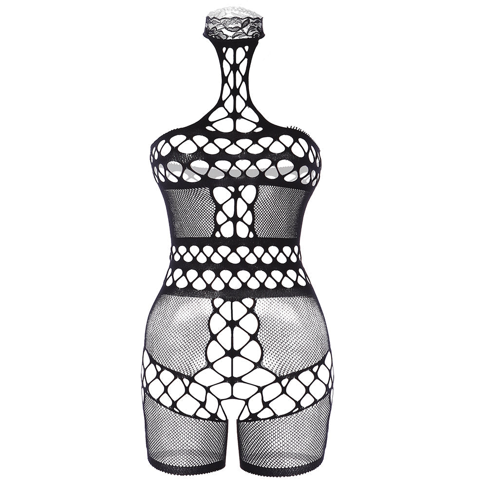 Halter fishnet backless patchwork bodystocking